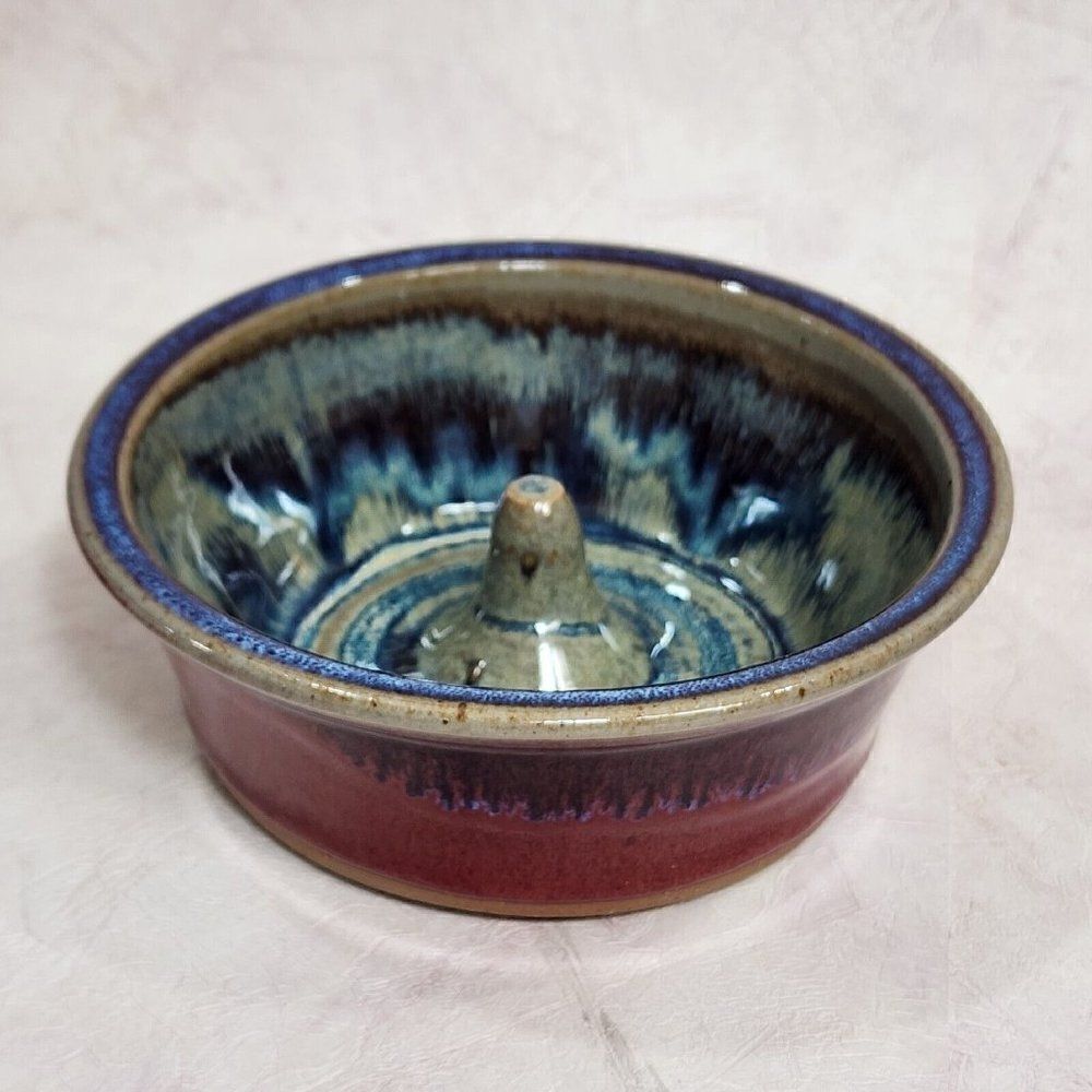 Alewine Pottery 6.5" D Stoneware Srip Glaze Red Blue Gray Farmhouse Dish Bowl